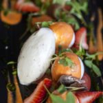 Ensalada de mini mozzarella, mezclum, anchoa y salmorejo de fresa.