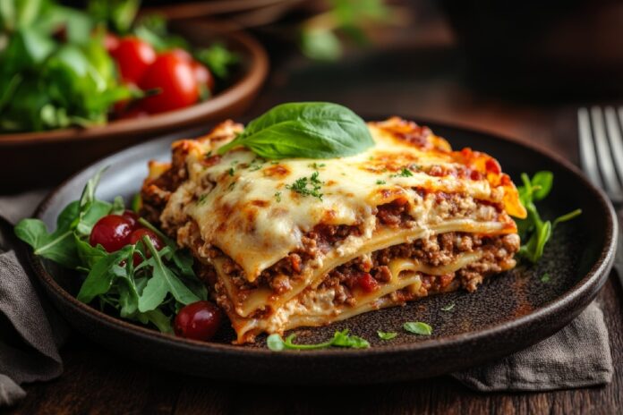 Lasagna,With,Basil,And,Fresh,Salad