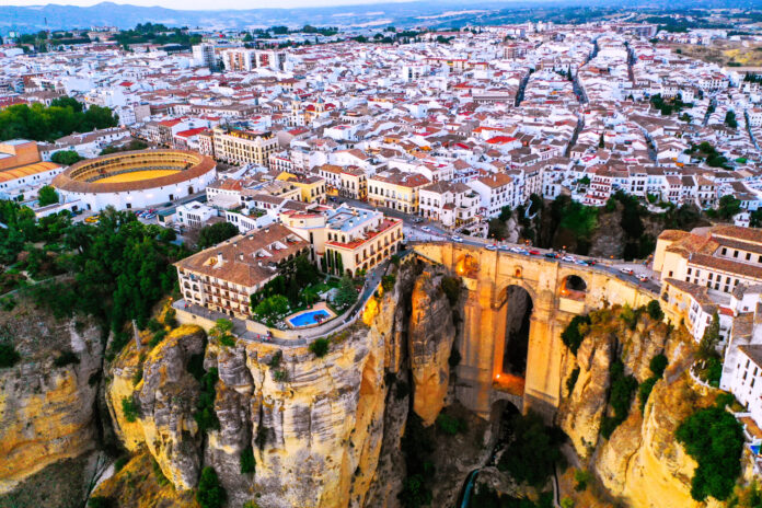 Ronda,,Spain.,Aerial,Evening,View,Of,New,Bridge,Over,Guadalevin